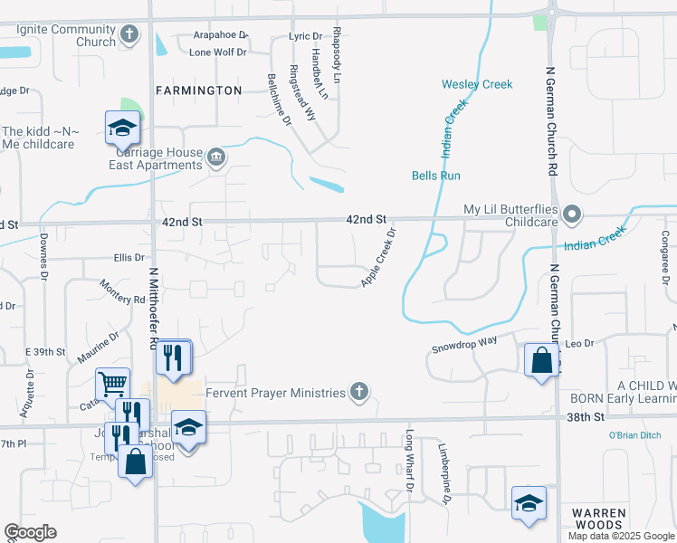map of restaurants, bars, coffee shops, grocery stores, and more near 10439 Candy Apple Lane in Indianapolis