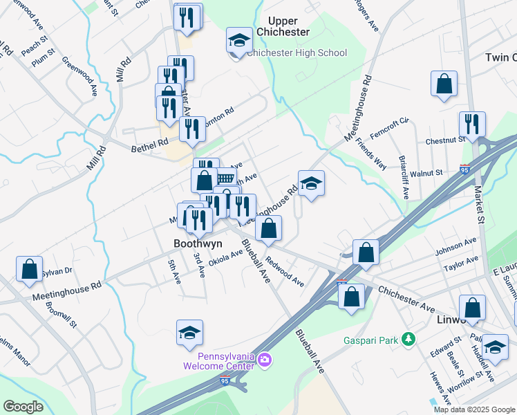 map of restaurants, bars, coffee shops, grocery stores, and more near 2614 Osborne Street in Boothwyn