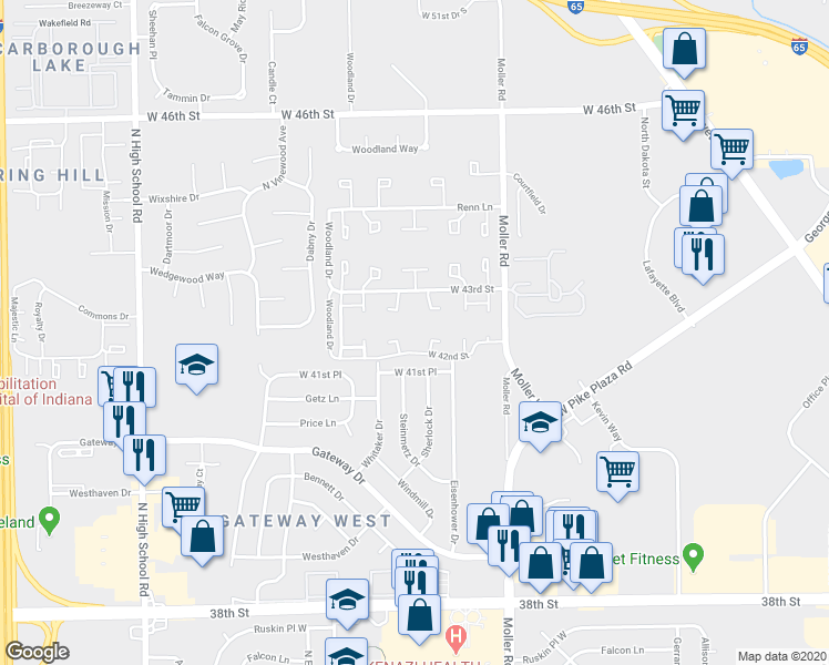 map of restaurants, bars, coffee shops, grocery stores, and more near 5501 West 44th Street in Indianapolis