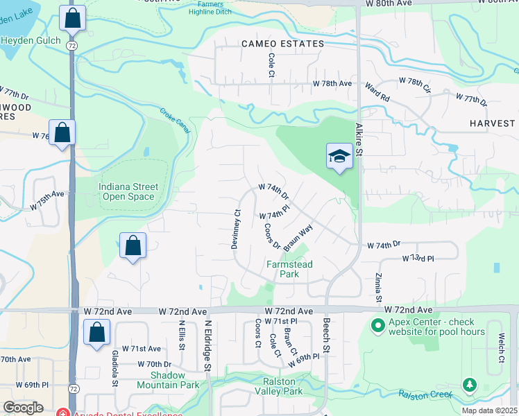 map of restaurants, bars, coffee shops, grocery stores, and more near 7387 Coors Street in Arvada