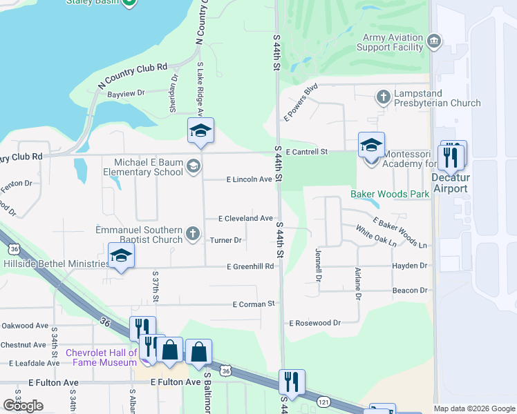 map of restaurants, bars, coffee shops, grocery stores, and more near 3901-4399 East Lincoln Avenue in Decatur