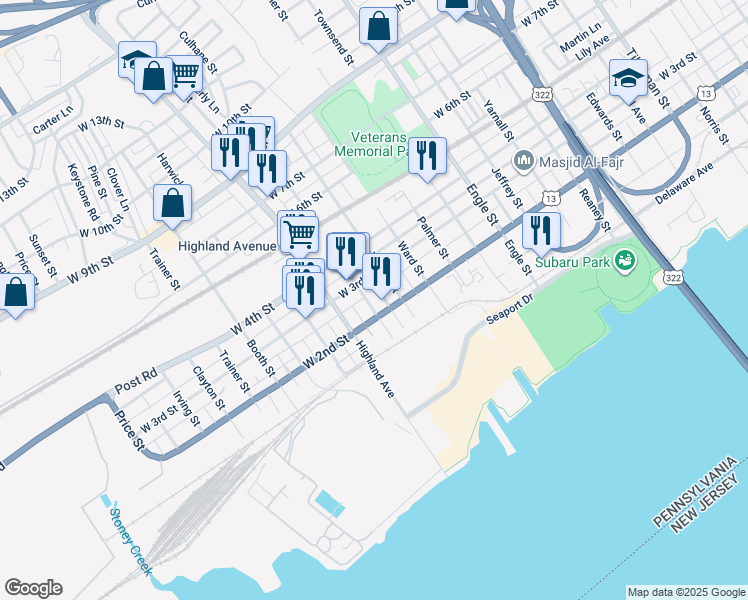 map of restaurants, bars, coffee shops, grocery stores, and more near 215 Hayes Street in Chester