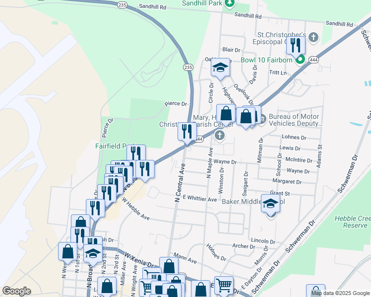 map of restaurants, bars, coffee shops, grocery stores, and more near North Central Avenue in Wright-Patterson Air Force Base