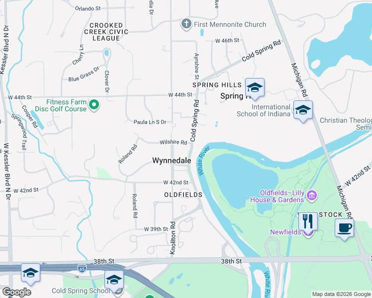 map of restaurants, bars, coffee shops, grocery stores, and more near 2002 Wilshire Road in Indianapolis