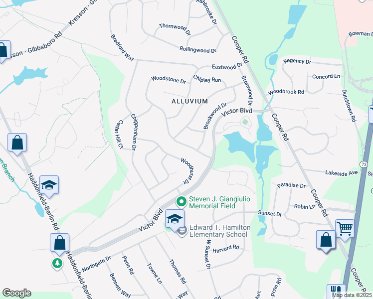 map of restaurants, bars, coffee shops, grocery stores, and more near 12 Woodstone Drive in Voorhees Township