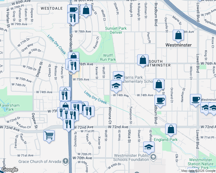 map of restaurants, bars, coffee shops, grocery stores, and more near 7490 Wolff Street in Westminster