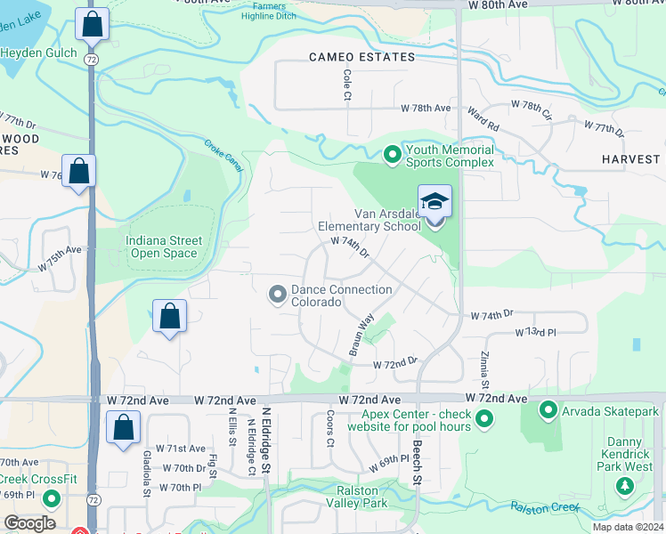 map of restaurants, bars, coffee shops, grocery stores, and more near 7387 Coors Street in Arvada