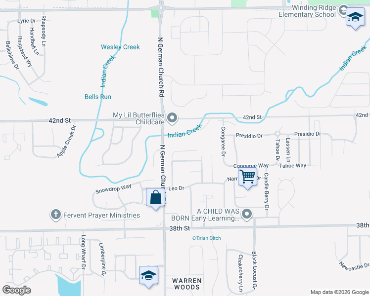 map of restaurants, bars, coffee shops, grocery stores, and more near 3999 North German Church Road in Indianapolis