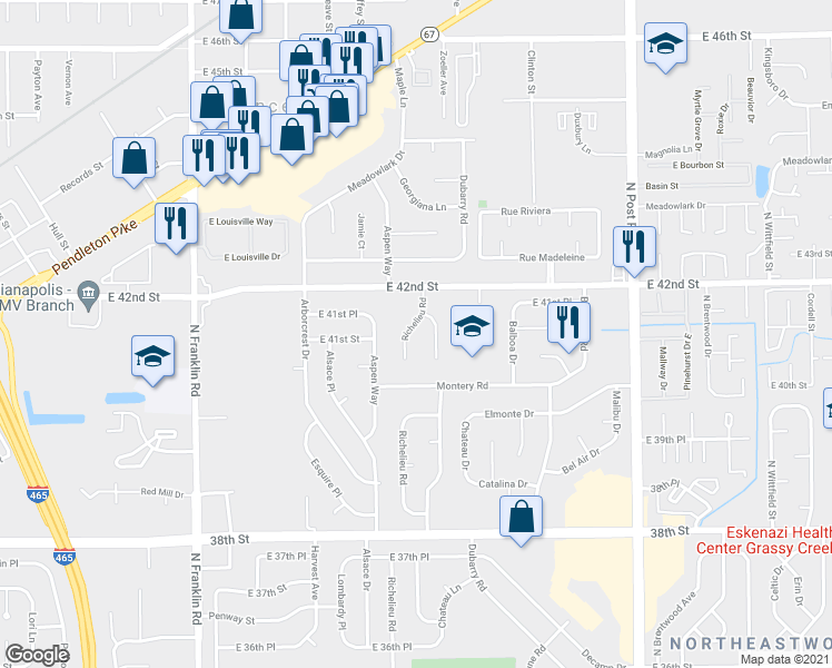 map of restaurants, bars, coffee shops, grocery stores, and more near 4120 Richelieu Road in Indianapolis
