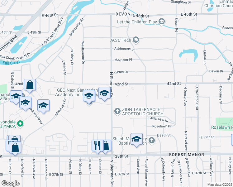 map of restaurants, bars, coffee shops, grocery stores, and more near 3827 East 42nd Street in Indianapolis