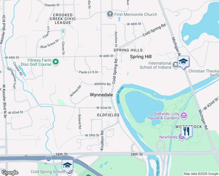 map of restaurants, bars, coffee shops, grocery stores, and more near 2002 Wilshire Road in Indianapolis