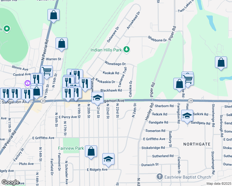 map of restaurants, bars, coffee shops, grocery stores, and more near 2101-2299 Blackhawk Road in Springfield