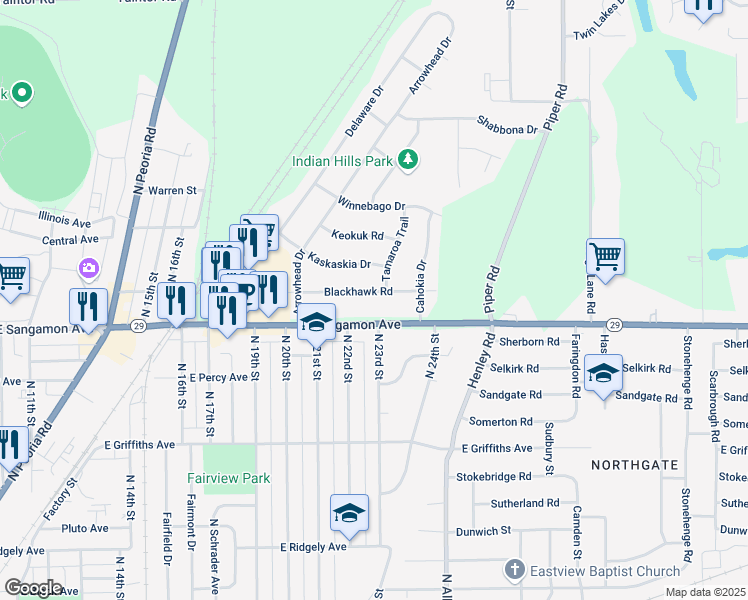 map of restaurants, bars, coffee shops, grocery stores, and more near 2101-2299 Blackhawk Road in Springfield