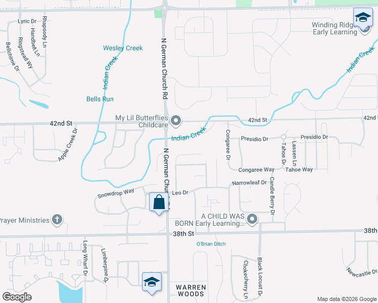 map of restaurants, bars, coffee shops, grocery stores, and more near 3999 North German Church Road in Indianapolis