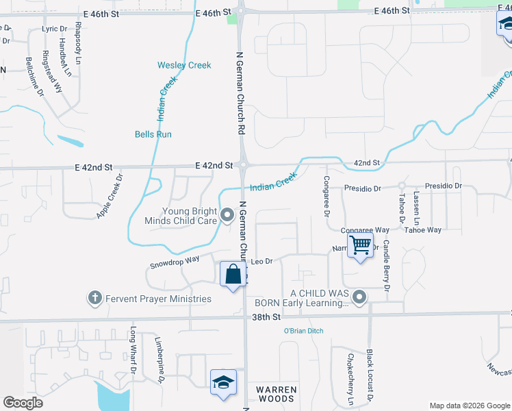 map of restaurants, bars, coffee shops, grocery stores, and more near 4117 North German Church Road in Indianapolis