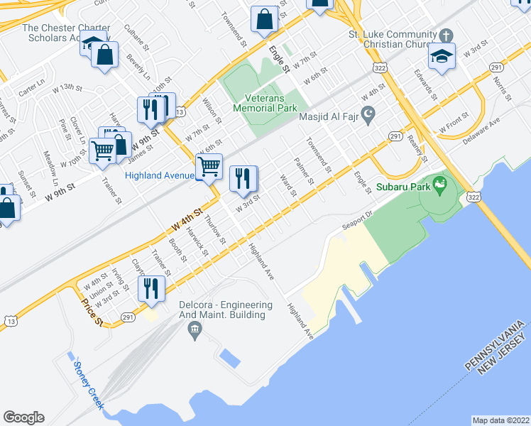 map of restaurants, bars, coffee shops, grocery stores, and more near 212 Bunting Street in Chester