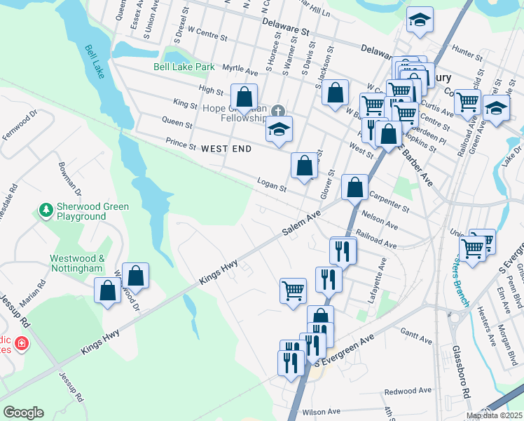 map of restaurants, bars, coffee shops, grocery stores, and more near 232 Emerson Street in Woodbury
