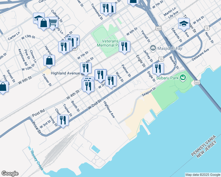 map of restaurants, bars, coffee shops, grocery stores, and more near 212 Bunting Street in Chester