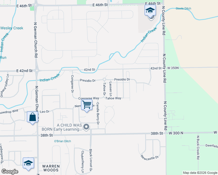 map of restaurants, bars, coffee shops, grocery stores, and more near 4109 Tahoe Drive in Indianapolis