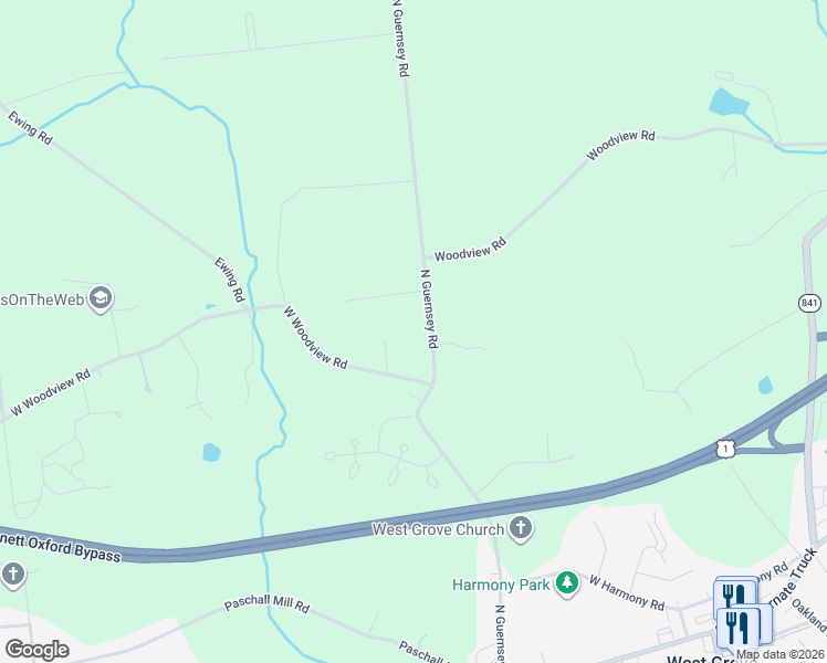 map of restaurants, bars, coffee shops, grocery stores, and more near 425 North Guernsey Road in West Grove