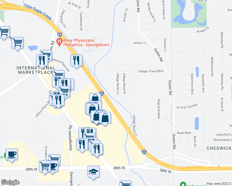 map of restaurants, bars, coffee shops, grocery stores, and more near 4220 Village Bend Lane in Indianapolis