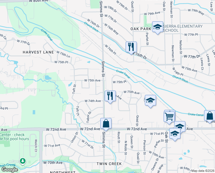 map of restaurants, bars, coffee shops, grocery stores, and more near 7505 Queen Circle in Arvada