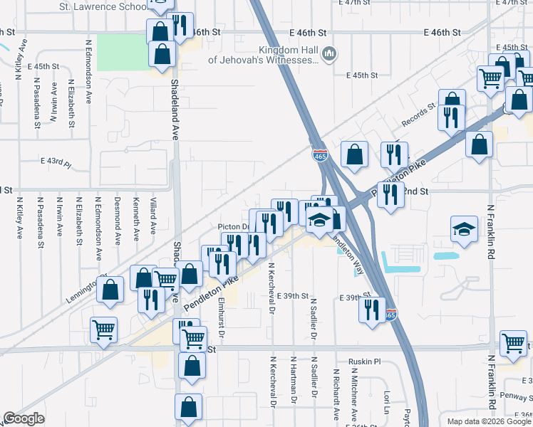 map of restaurants, bars, coffee shops, grocery stores, and more near 4129 North Kercheval Drive in Indianapolis