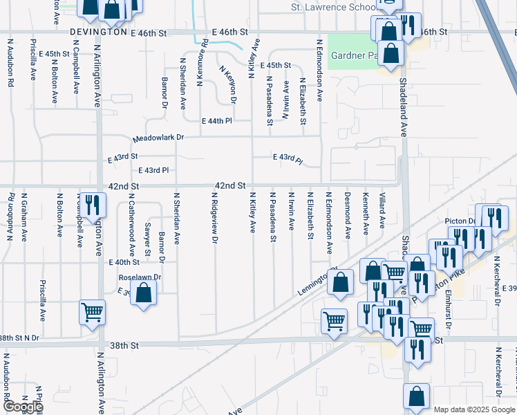 map of restaurants, bars, coffee shops, grocery stores, and more near 4143 North Kitley Avenue in Indianapolis
