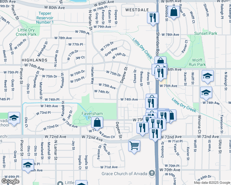 map of restaurants, bars, coffee shops, grocery stores, and more near 7482 Depew Street in Arvada