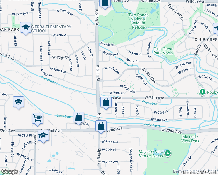 map of restaurants, bars, coffee shops, grocery stores, and more near 9824 West 75th Way in Arvada