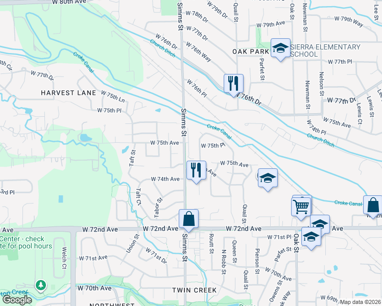 map of restaurants, bars, coffee shops, grocery stores, and more near 7505 Queen Circle in Arvada