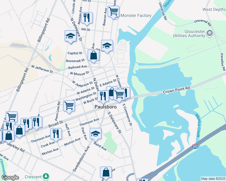 map of restaurants, bars, coffee shops, grocery stores, and more near 37 East Washington Street in Paulsboro
