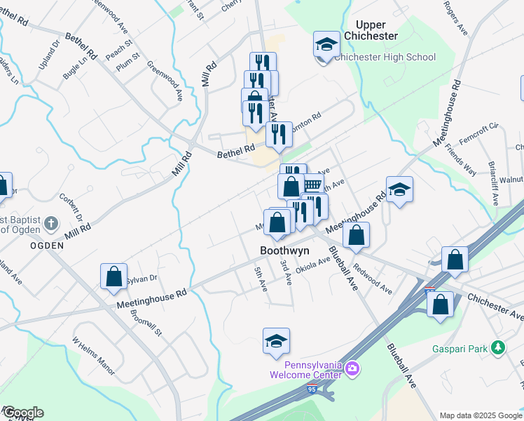map of restaurants, bars, coffee shops, grocery stores, and more near 2952 Griffith Way in Boothwyn