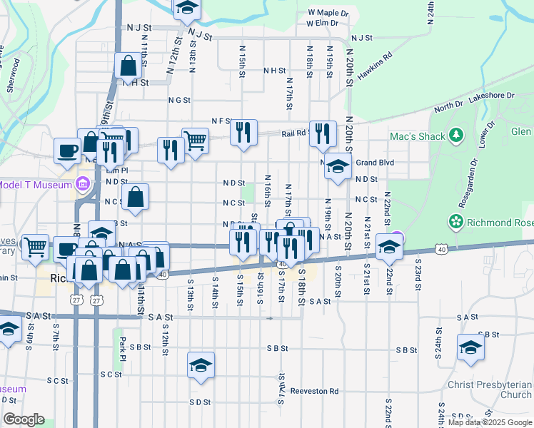 map of restaurants, bars, coffee shops, grocery stores, and more near 1521 North C Street in Richmond