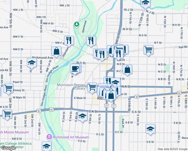 map of restaurants, bars, coffee shops, grocery stores, and more near 112 Fort Wayne Avenue in Richmond