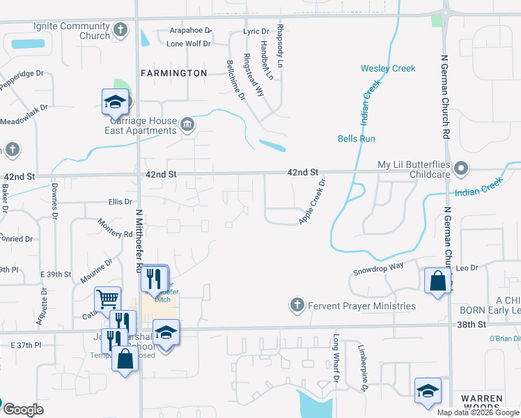map of restaurants, bars, coffee shops, grocery stores, and more near 4119 Candy Apple Boulevard in Indianapolis