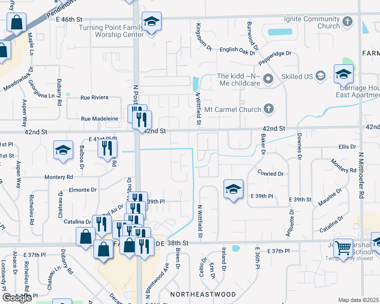 map of restaurants, bars, coffee shops, grocery stores, and more near 4123 Mount Vernon Court in Indianapolis