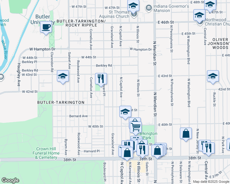 map of restaurants, bars, coffee shops, grocery stores, and more near 4218 Graceland Avenue in Indianapolis