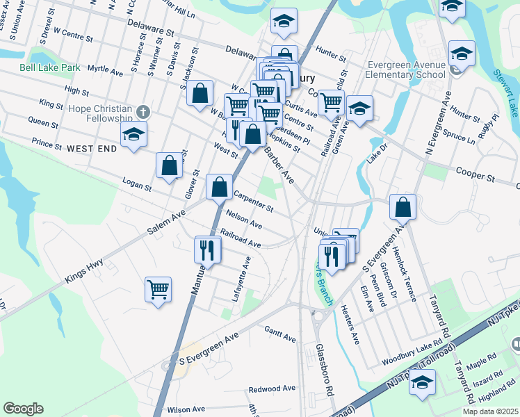 map of restaurants, bars, coffee shops, grocery stores, and more near in Woodbury