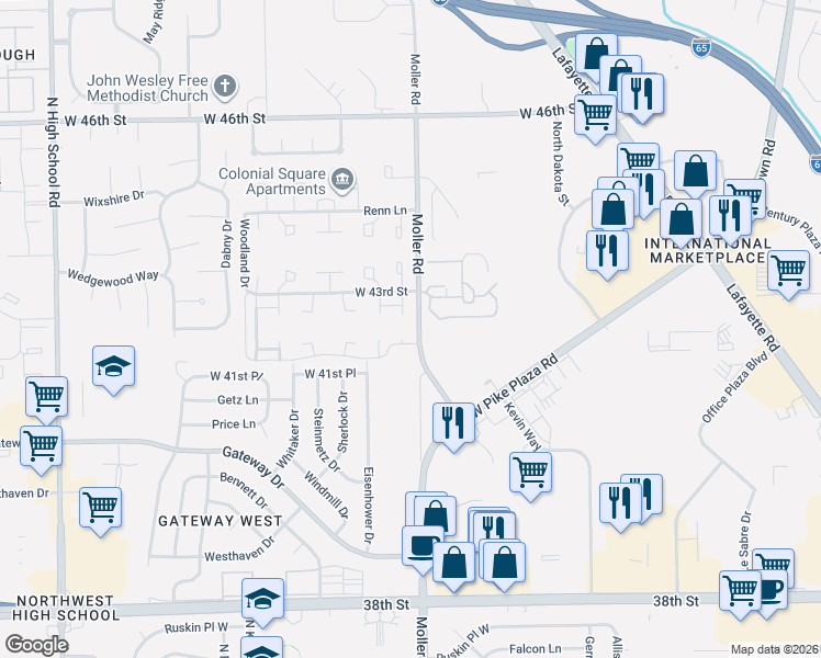 map of restaurants, bars, coffee shops, grocery stores, and more near 5448 West 43rd Street in Indianapolis