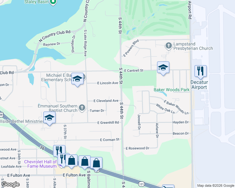 map of restaurants, bars, coffee shops, grocery stores, and more near 901-1099 S 44th St in Decatur