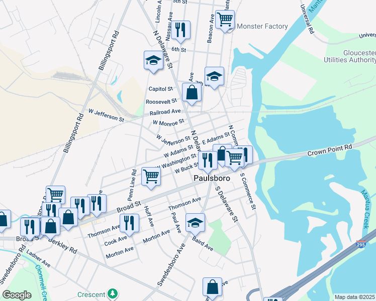 map of restaurants, bars, coffee shops, grocery stores, and more near 20 West Adams Street in Paulsboro
