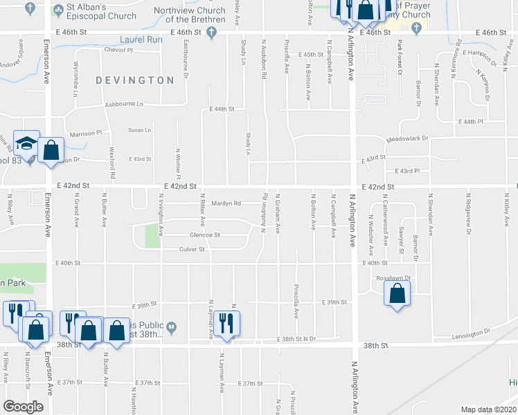 map of restaurants, bars, coffee shops, grocery stores, and more near 4124 North Audubon Road in Indianapolis