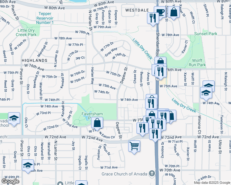 map of restaurants, bars, coffee shops, grocery stores, and more near 7482 Depew Street in Arvada