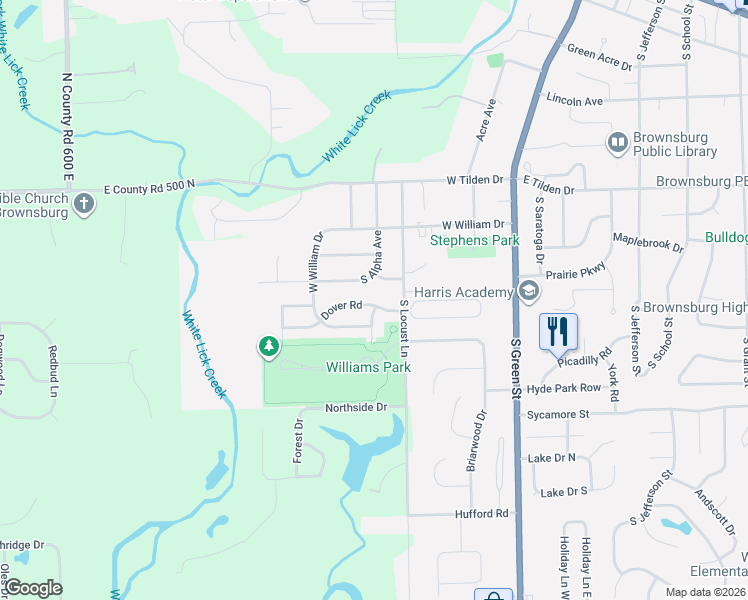 map of restaurants, bars, coffee shops, grocery stores, and more near 607 South Alpha Avenue in Brownsburg
