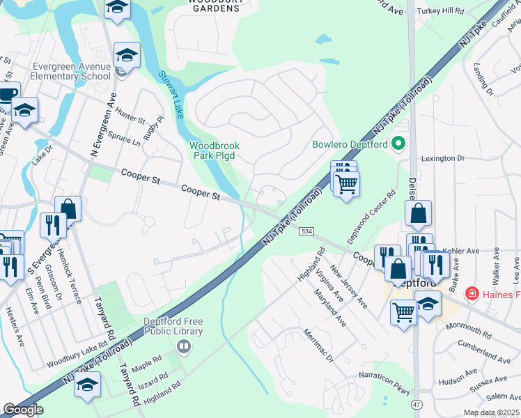 map of restaurants, bars, coffee shops, grocery stores, and more near 796 Cooper Street in Deptford Township