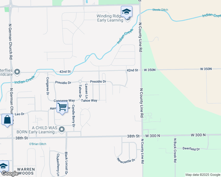 map of restaurants, bars, coffee shops, grocery stores, and more near 4082 Presidio Circle in Indianapolis