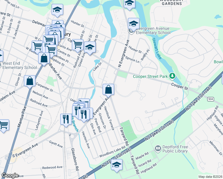 map of restaurants, bars, coffee shops, grocery stores, and more near 86 South Evergreen Avenue in Woodbury