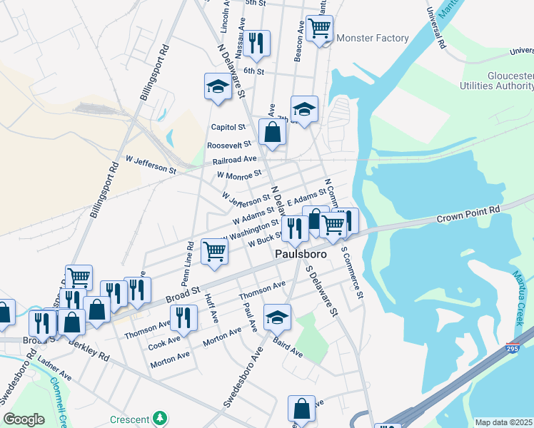 map of restaurants, bars, coffee shops, grocery stores, and more near 20 West Adams Street in Paulsboro
