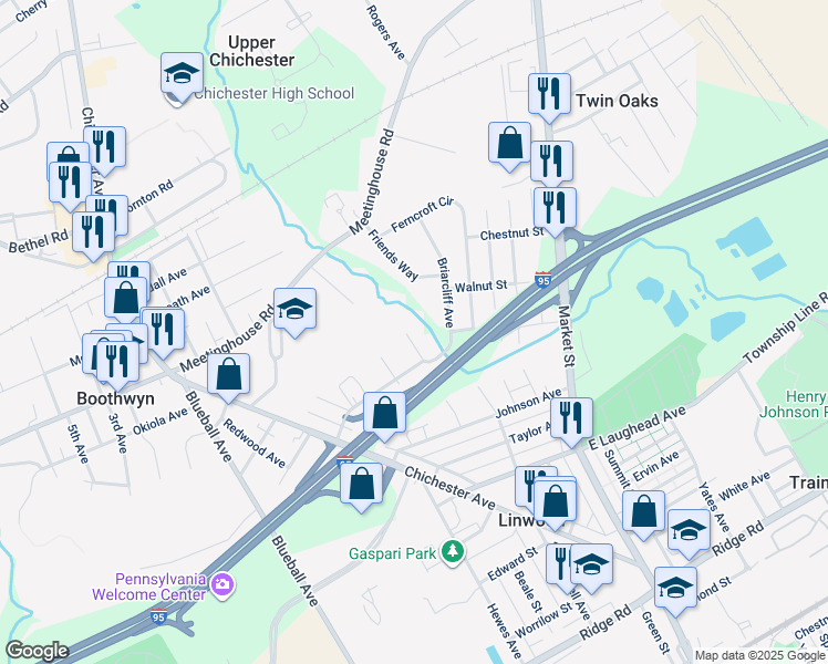 map of restaurants, bars, coffee shops, grocery stores, and more near 628 Johnson Avenue in Boothwyn